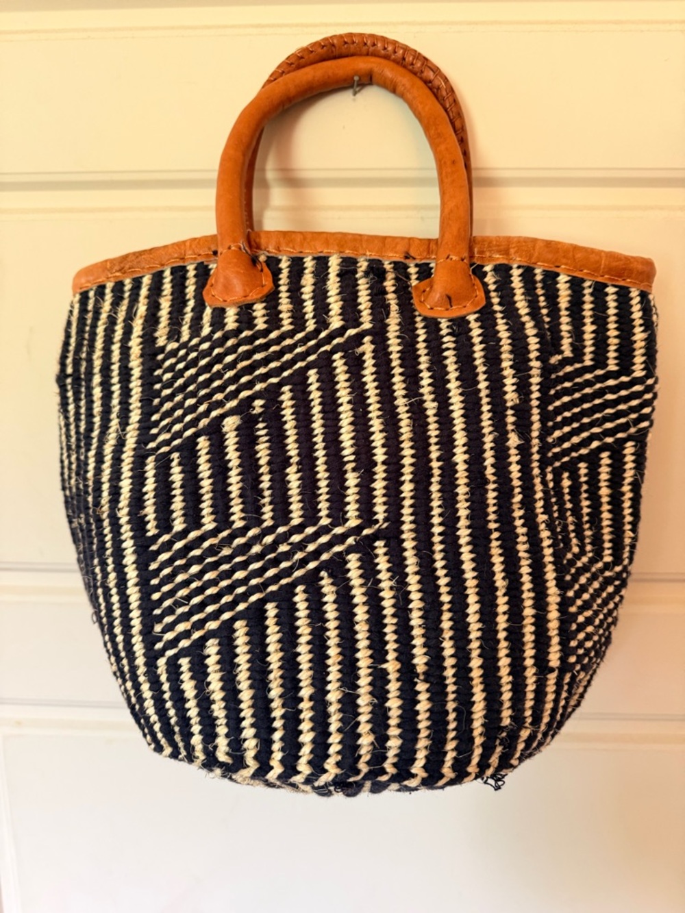 Navy & Cream Woven Tote with Tan Leather Trim
